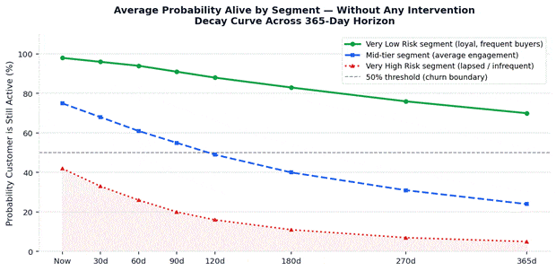 Customer probability-alive decay curves by churn-risk segment