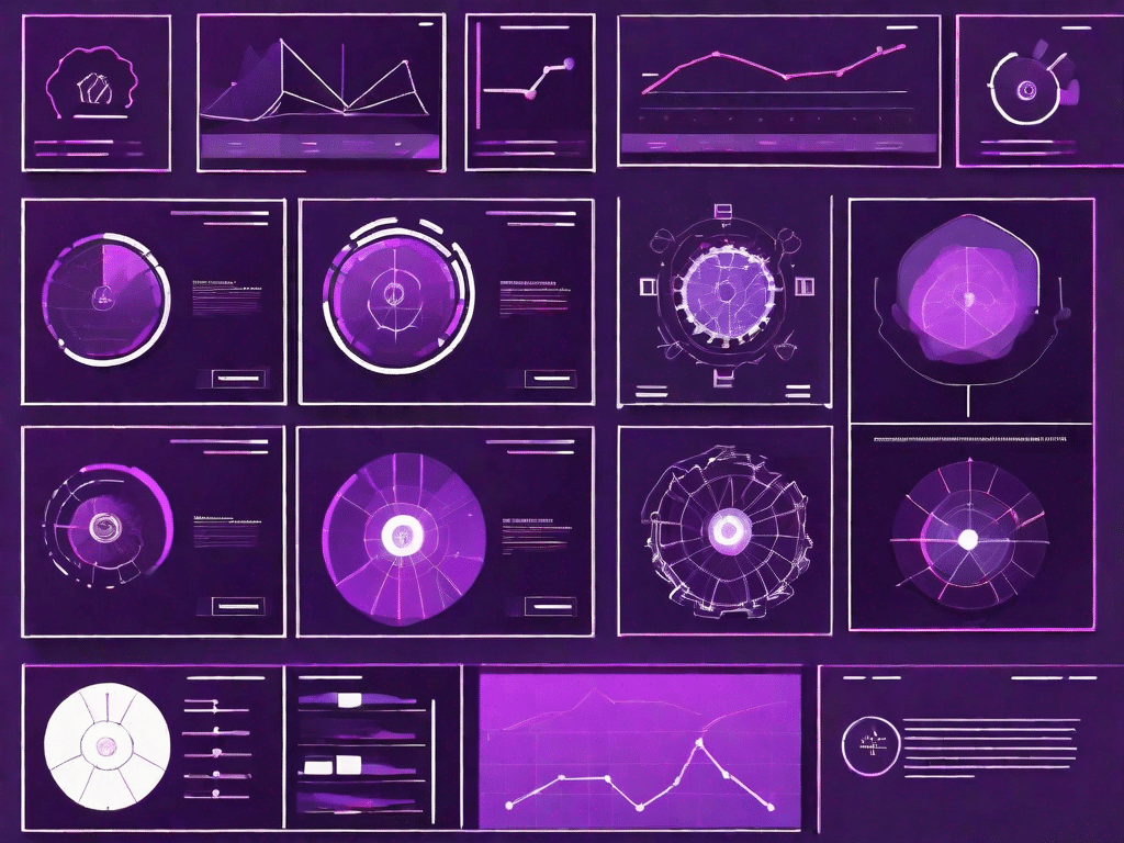 A series of interconnected digital screens showing various types of data charts