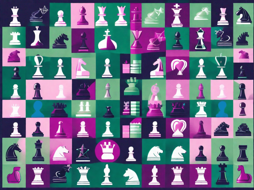 A chessboard with various business-related icons as chess pieces