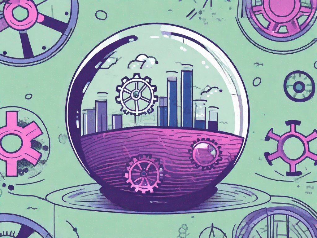A crystal ball reflecting various symbols of industry such as gears