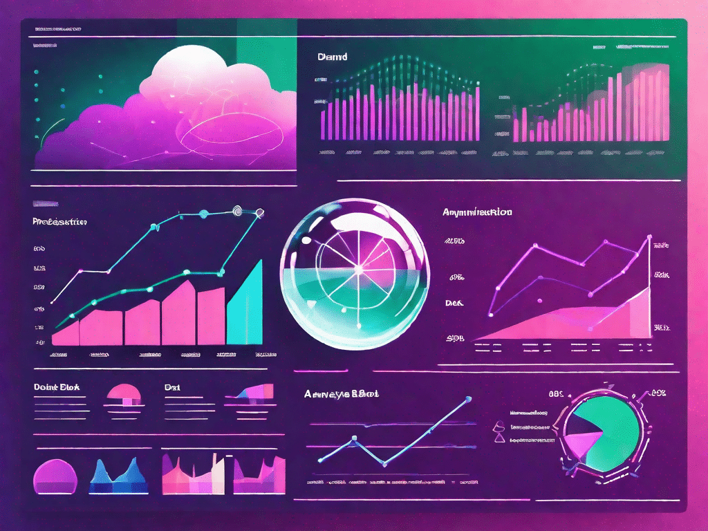 A futuristic dashboard with various graphs and charts indicating data trends