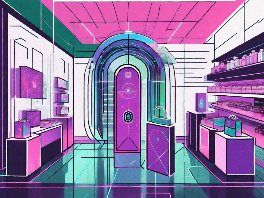 A retail store with various futuristic elements such as holographic displays and digital interfaces