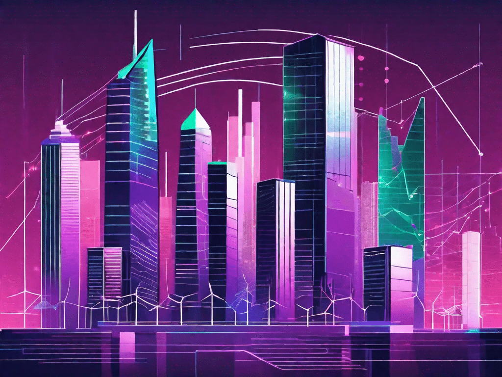 A futuristic cityscape with various business buildings