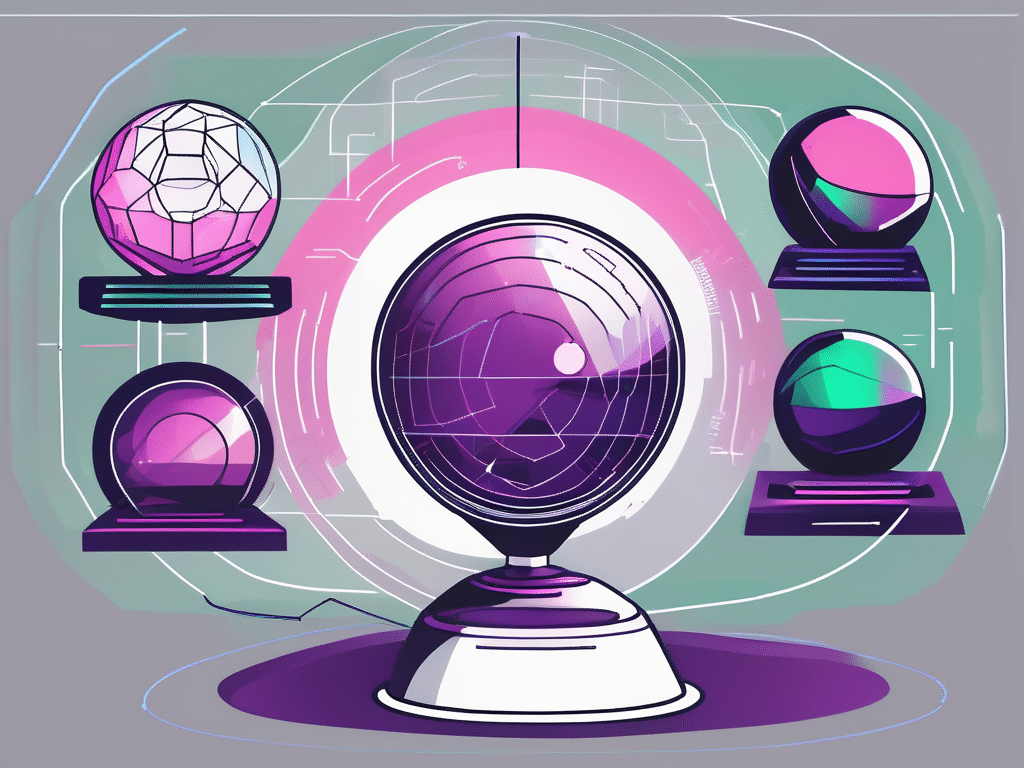 Various futuristic technology devices like a crystal ball