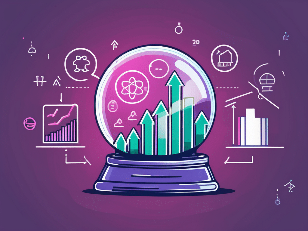 A crystal ball with various sales-related icons (like graphs and dollar signs) emerging from it