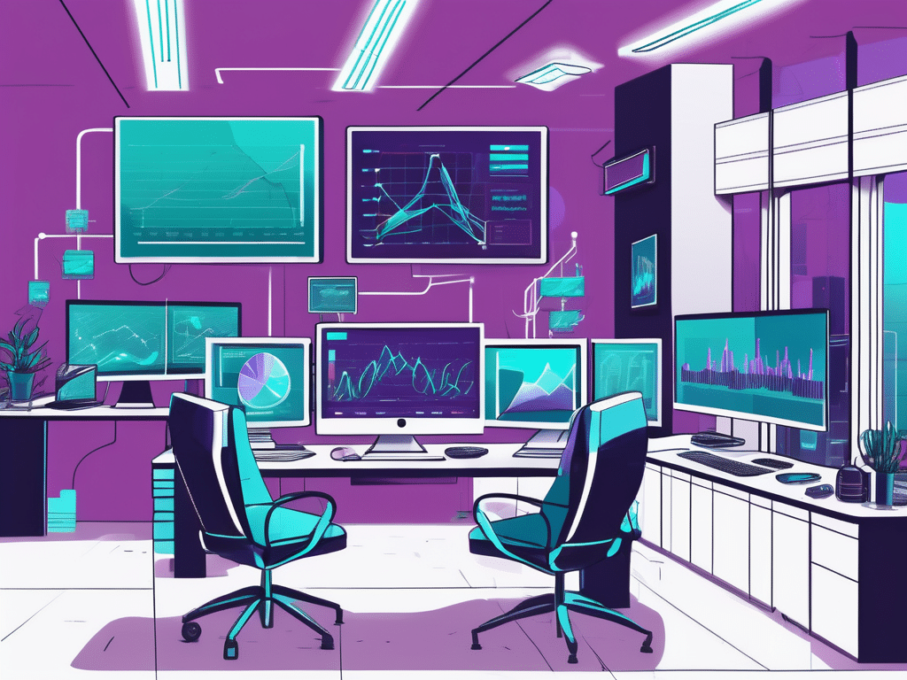 A futuristic marketing agency office filled with computer screens displaying various graphs and charts