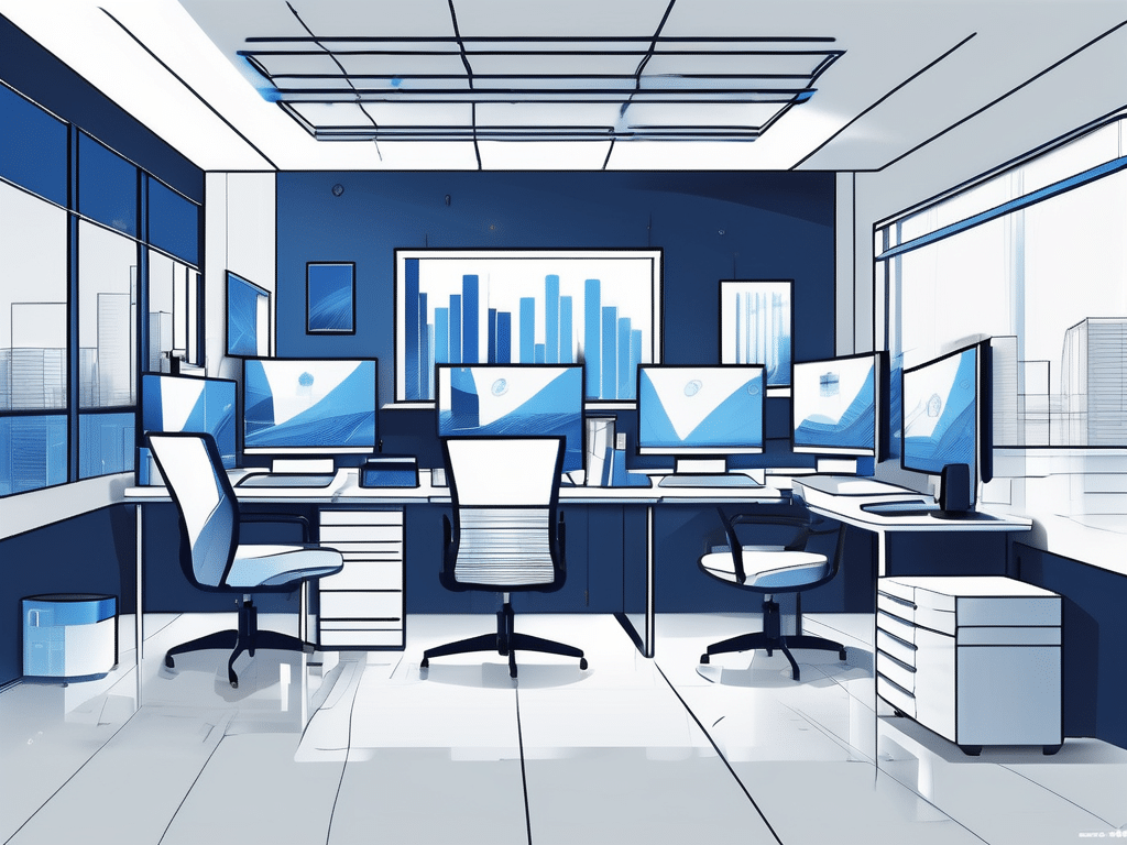 A futuristic corporate office with various ai-powered machines performing sequential tasks