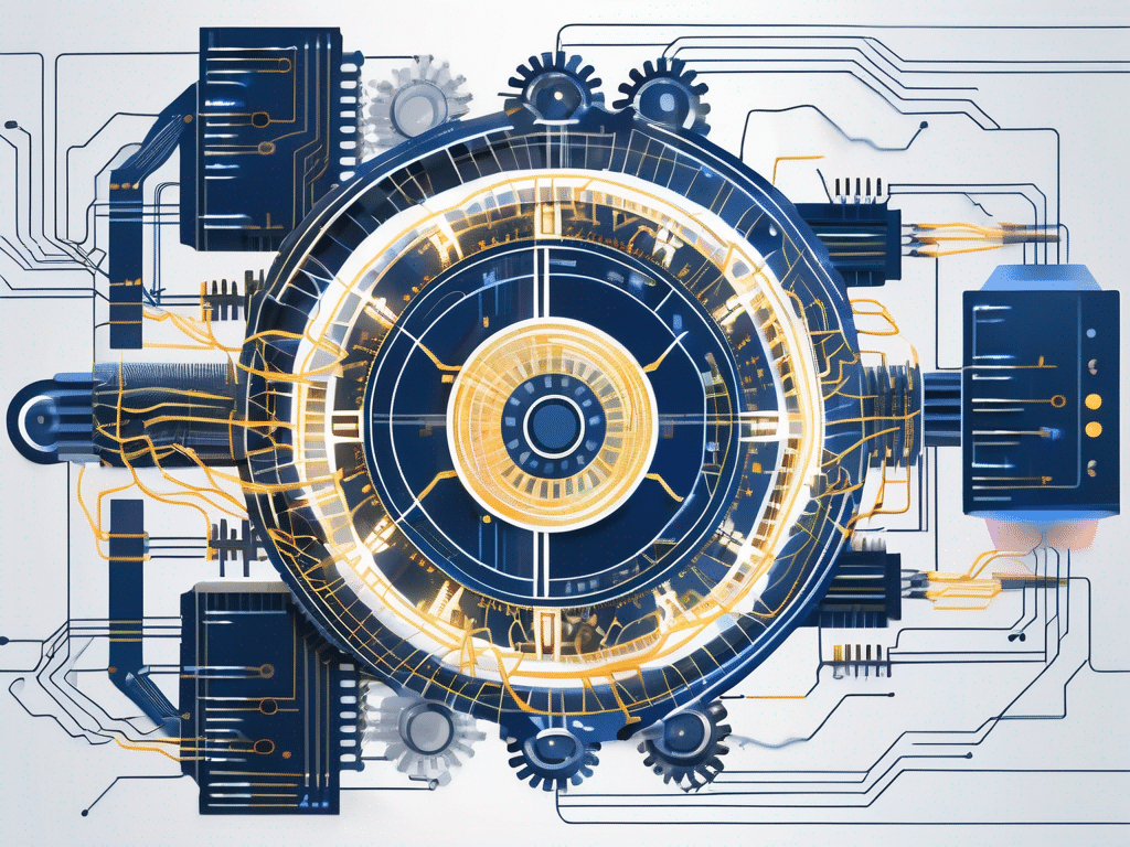 A futuristic computer system with visible interconnected gears and circuits