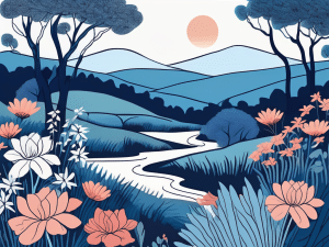 A serene landscape featuring a winding river surrounded by lush greenery and vibrant flowers