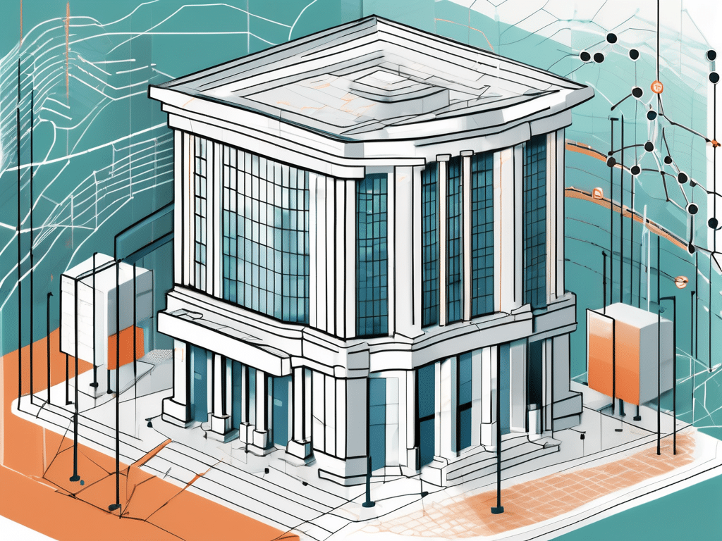 A stylized bank building surrounded by a web of interconnected data points and algorithms