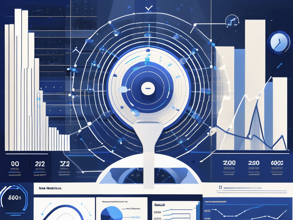 A futuristic data dashboard displaying various sales metrics