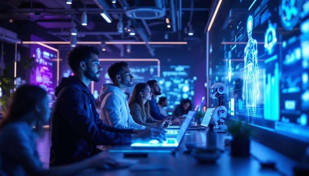 A photograph of a futuristic workspace featuring a diverse group of people interacting with advanced ai technology