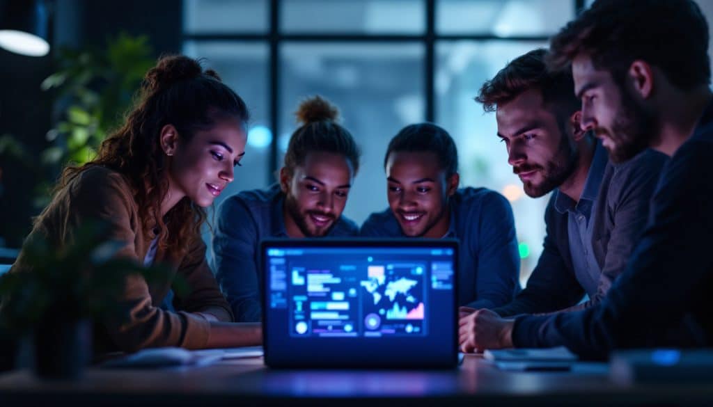 A photograph of a diverse group of professionals collaborating around a laptop