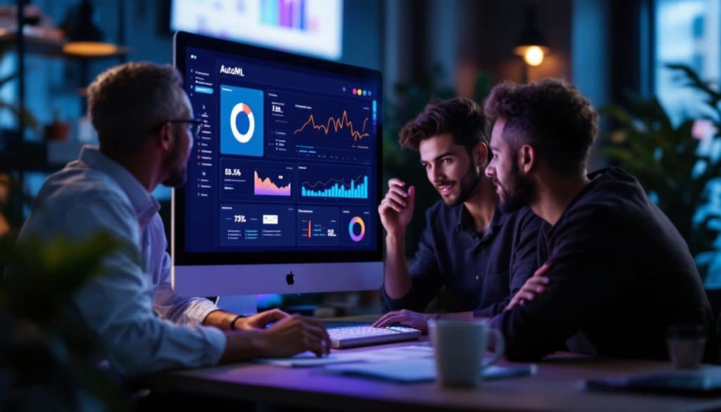 A photograph of a diverse group of professionals collaborating around a computer screen displaying an automl interface