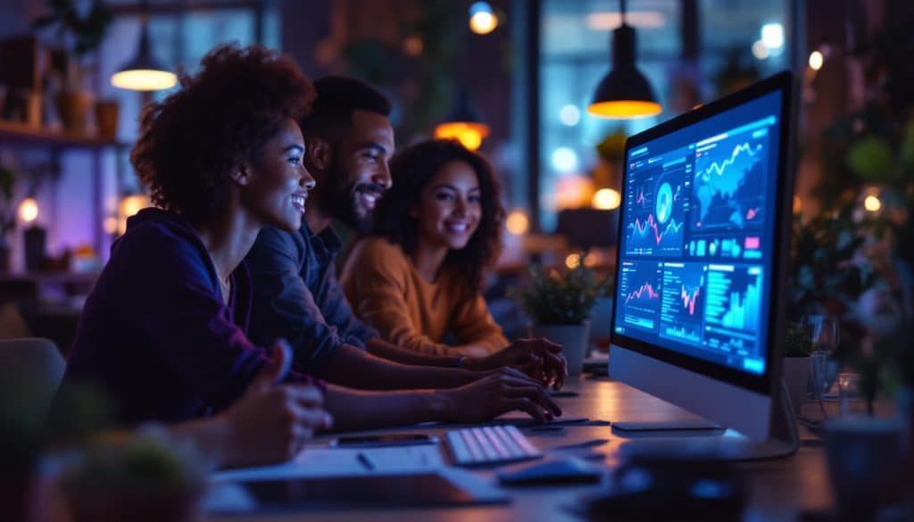 A photograph of a diverse group of professionals collaborating around a computer screen displaying data visualizations and machine learning models