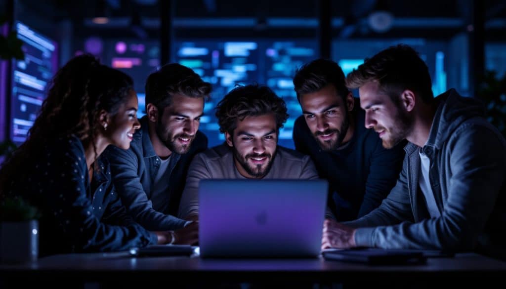 A photograph of a diverse group of professionals collaborating around a laptop