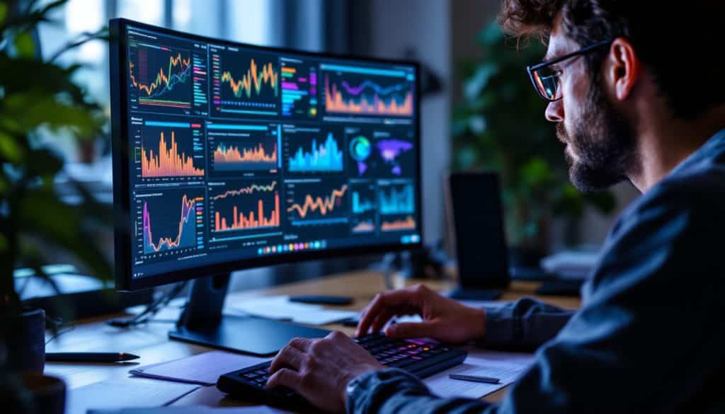 A photograph of a focused data scientist or machine learning engineer intently analyzing charts and graphs on a computer screen