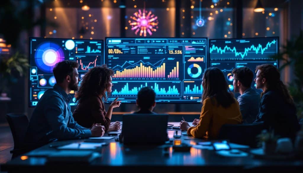 A photograph of a diverse group of professionals engaged in a dynamic brainstorming session around a digital dashboard displaying predictive analytics data