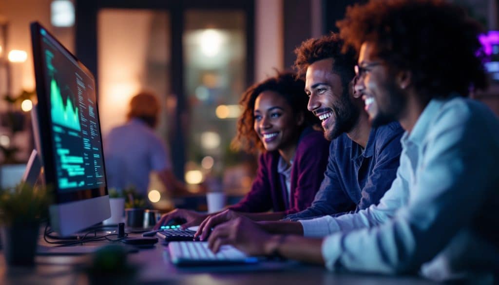 A photograph of a diverse group of individuals collaborating around a computer