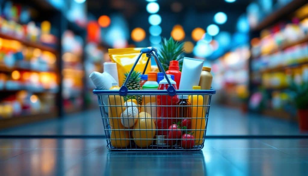 A photograph of a visually appealing shopping basket filled with a diverse array of products