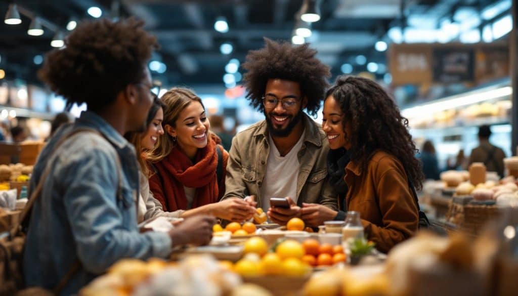 A photograph of a diverse group of shoppers engaged in a lively discussion while examining various products in a retail setting